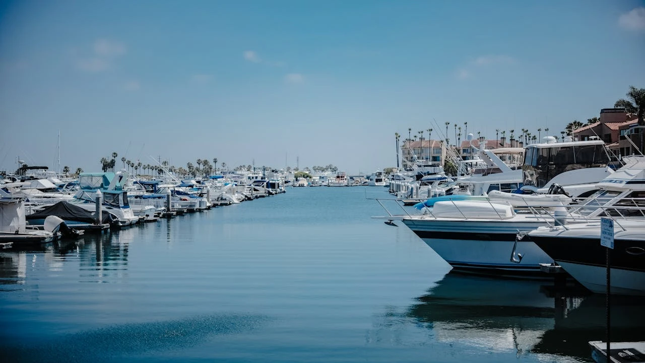 The yacht is docked at the marina