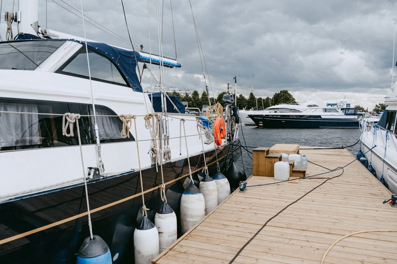 The yacht is docked at the marina