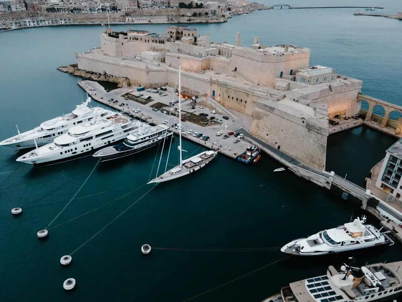The yacht is docked at the marina