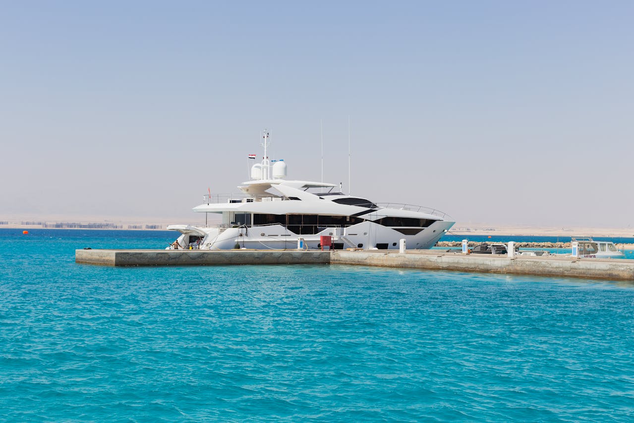 The yacht is moored at the marina
