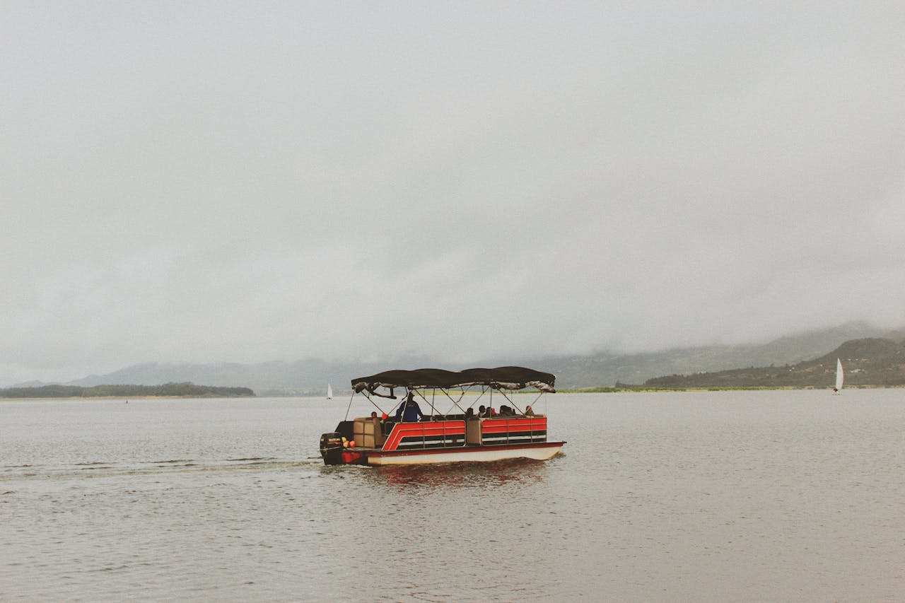Pontoon boat travelling on the sea